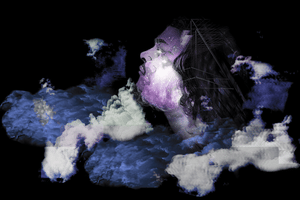Glitching gif of XP The Marxman's head floating in color changing clouds.
